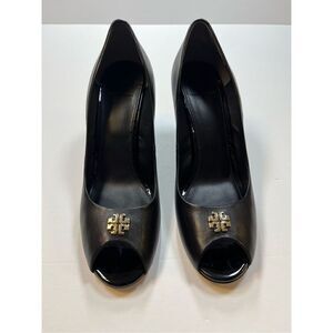 Tory Burch Jolie 85MM Peep Toe Nappa Black Leather Wedge Shoe Size 10.5 Worn 1X